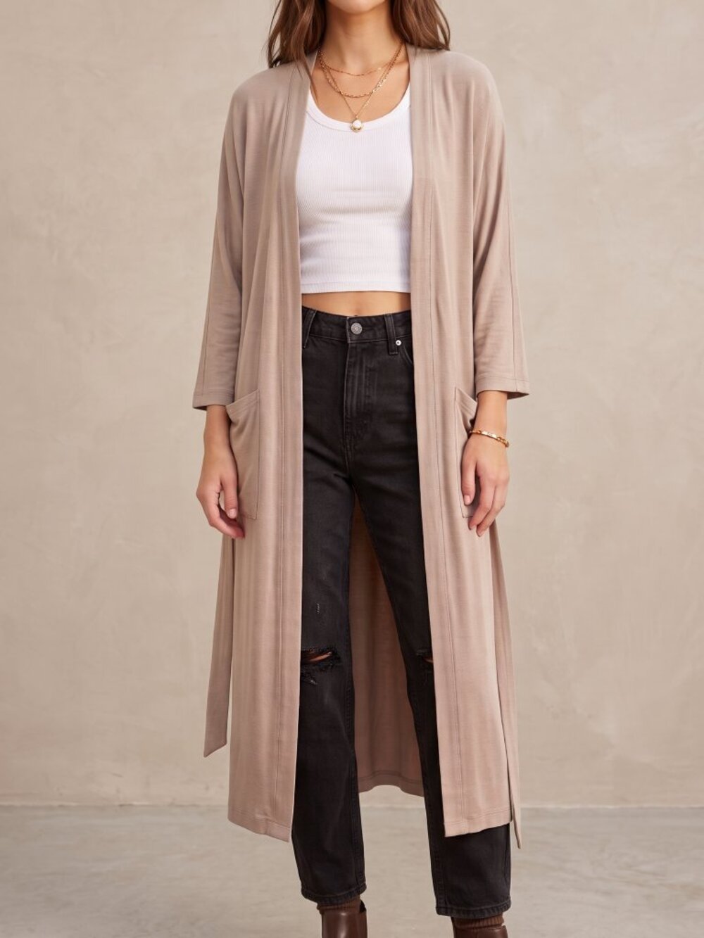 Jax + Lennon Duster Cardigan Robe Sand Bamboo Lounge Layering Piece XS/S